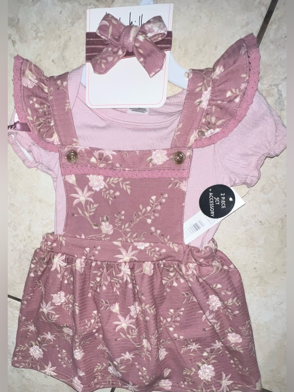 Nicole Miller 24M girl Floral Mauve Overall Dress & Tee Set for Girls - 2-Piece